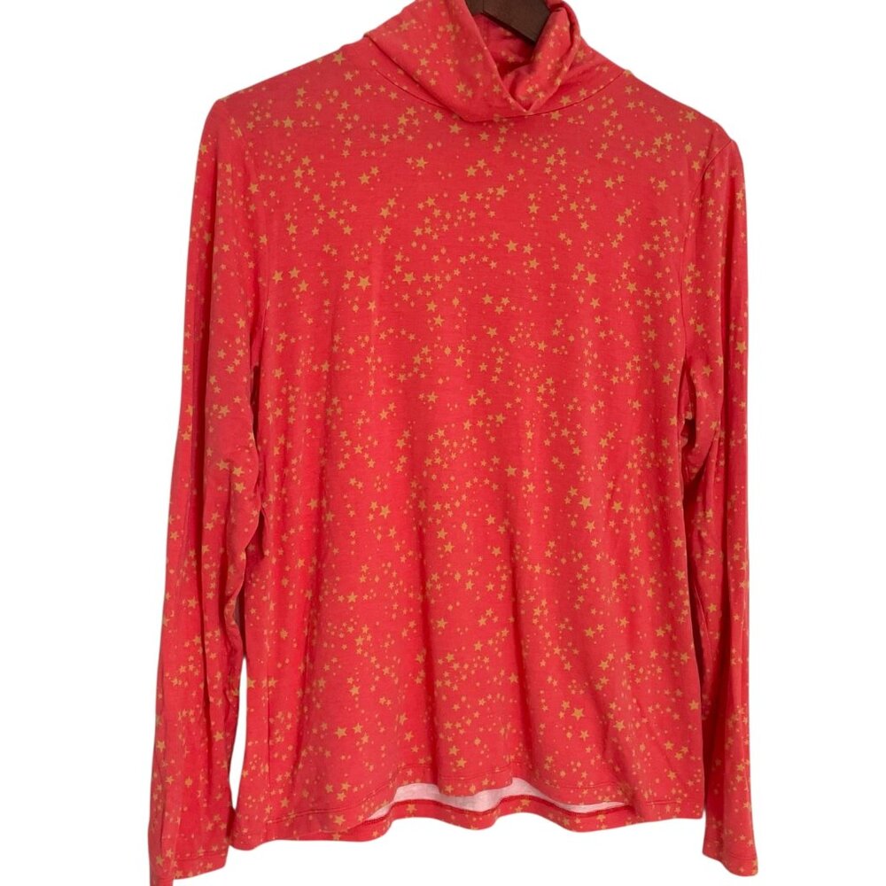 Kettlewell Turtleneck Top Large Coral Orange / Pink Star Print Jersey Knit Shirt